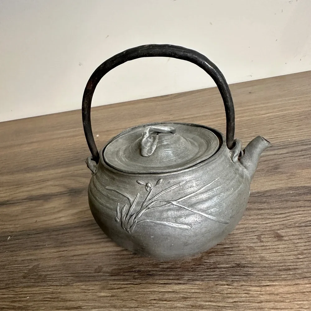 Antique Chinese Pewter Teapot Swing Handle Chased Grasses Chinoiserie Small 3in
